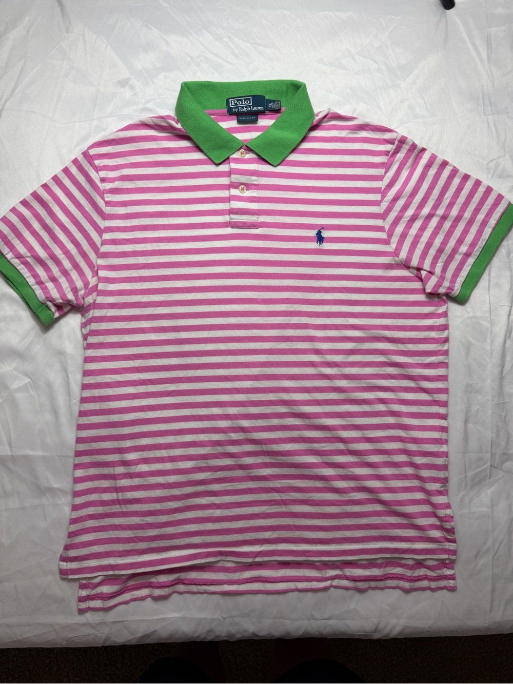 Ralph Lauren Pink & White Striped Polo with Green Collar